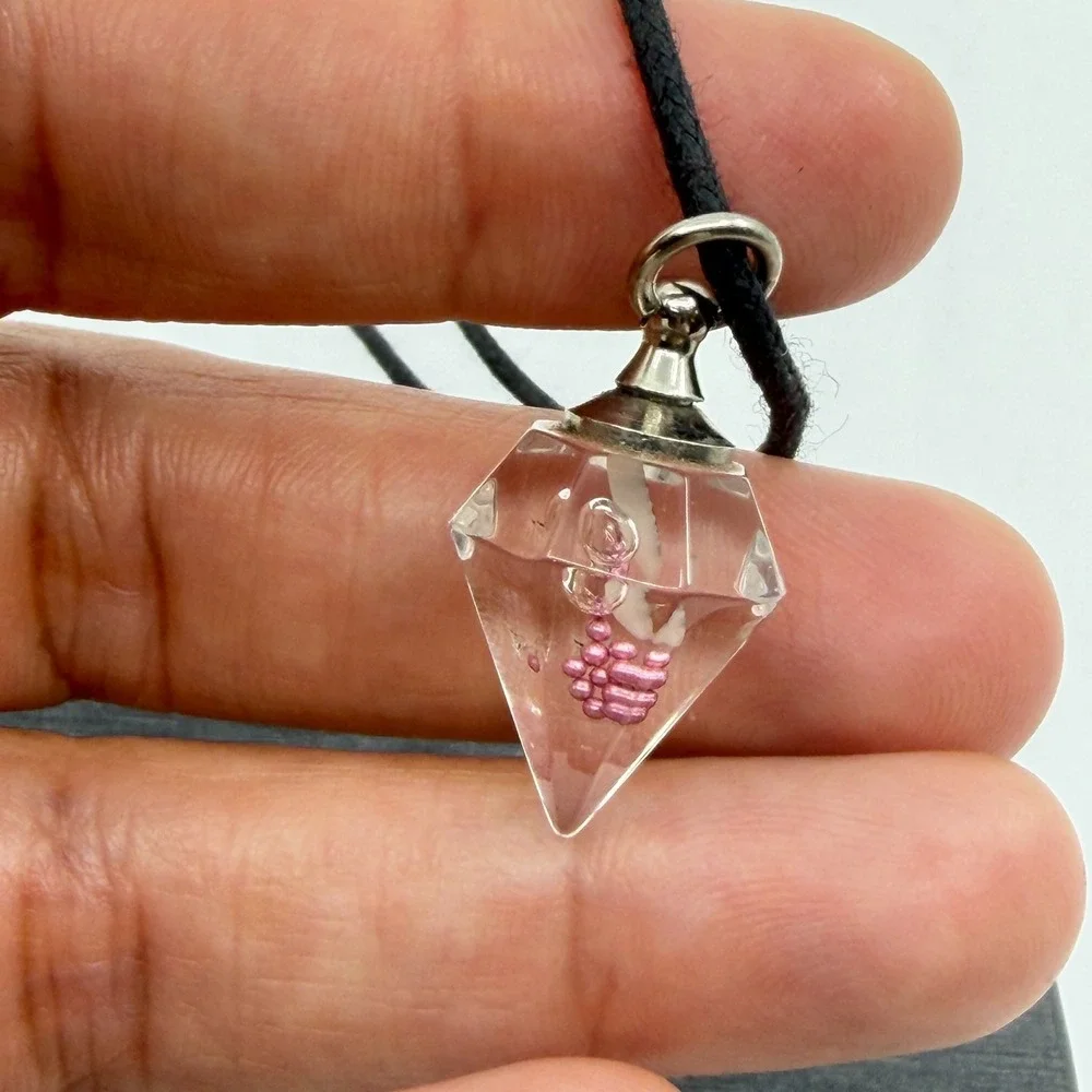 Clear Faceted Bottle Pendant Necklace Pink Beads Black Cord Y2K Statement Gift